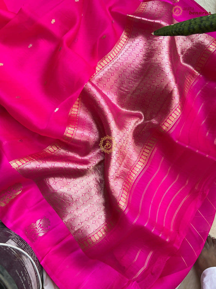 Fuchsia Pink Kora Silk Banarasi Saree with Kadhwa Golden Zari Motif