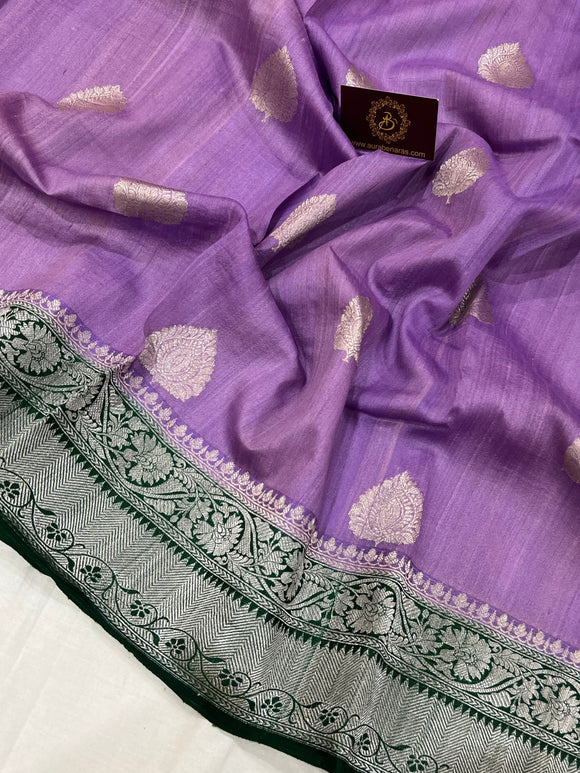 Lavender Banarasi Handloom Pure Tussar Silk Saree - Aura Benaras