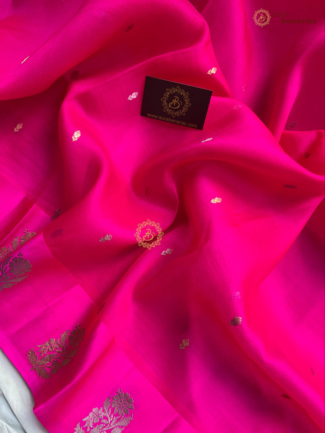 Fuchsia Pink Kora Silk Banarasi Saree with Kadhwa Golden Zari Motif