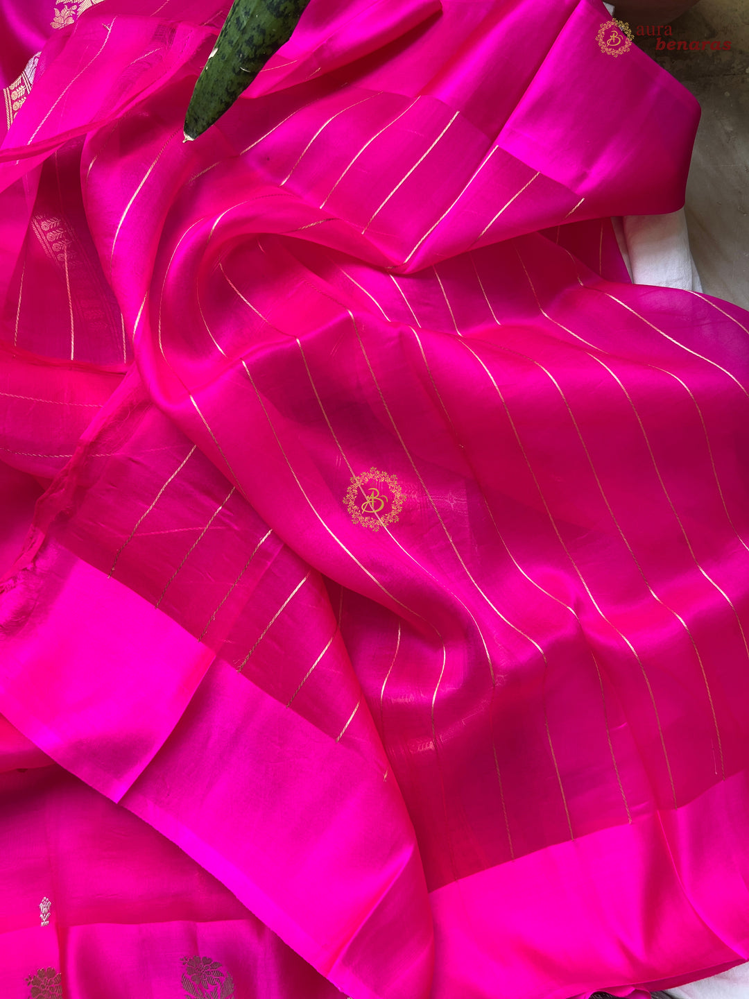 Fuchsia Pink Kora Silk Banarasi Saree with Kadhwa Golden Zari Motif