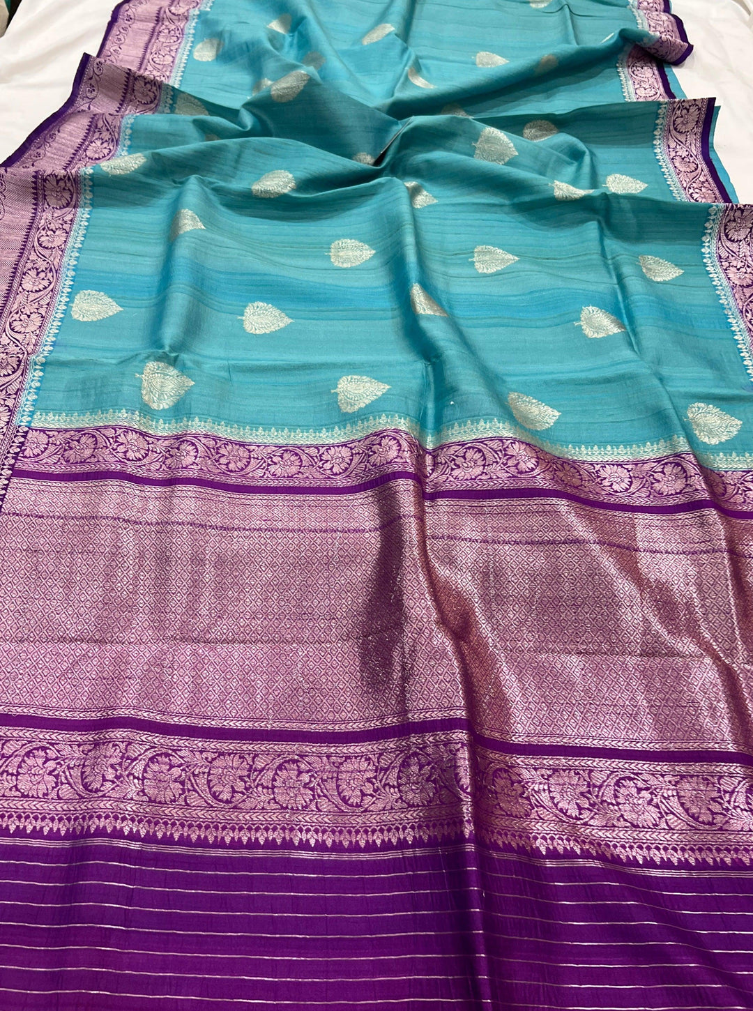 Blue Banarasi Handloom Pure Tussar Silk Saree - Aura Benaras