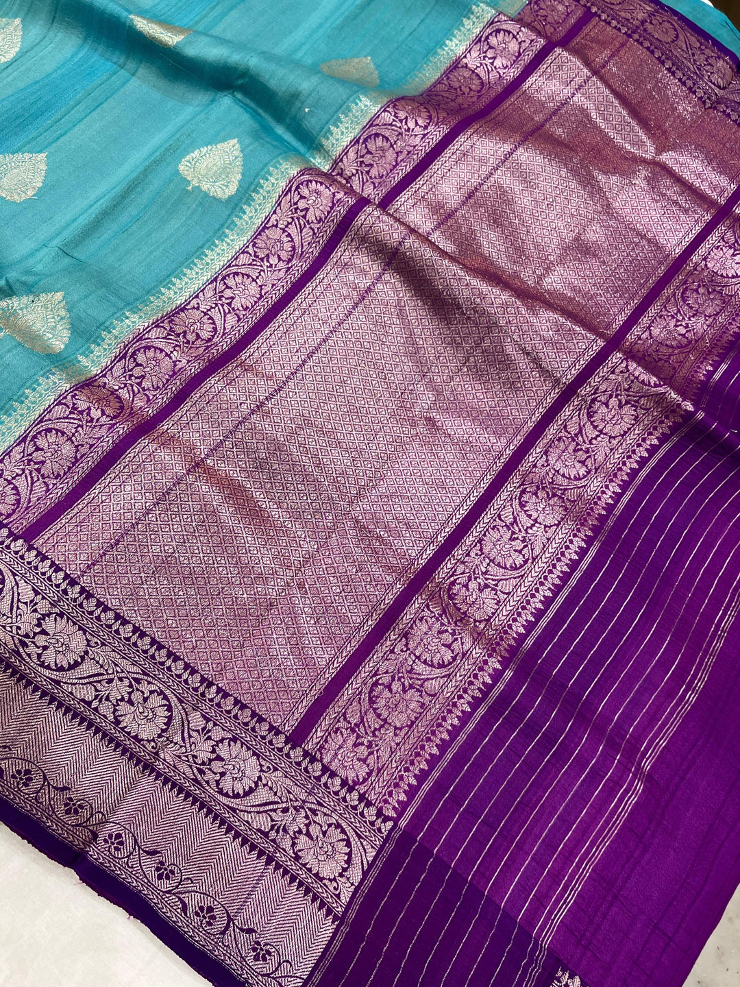Blue Banarasi Handloom Pure Tussar Silk Saree - Aura Benaras