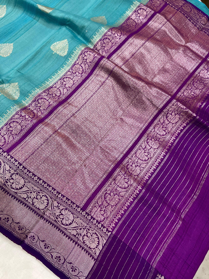 Blue Banarasi Handloom Pure Tussar Silk Saree - Aura Benaras