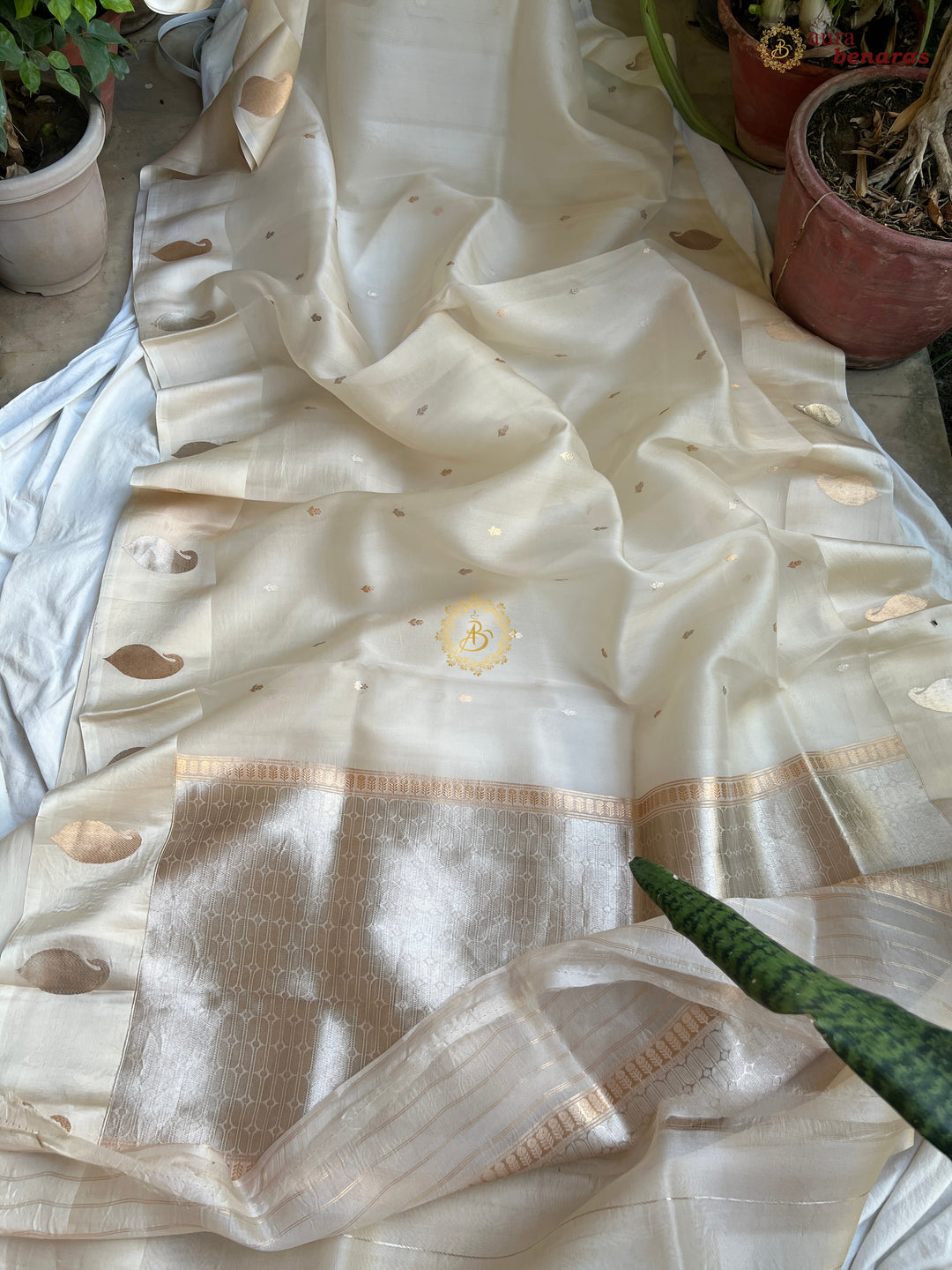 Off White Kora Silk Banarasi Saree with Kadhwa Golden Zari Motif