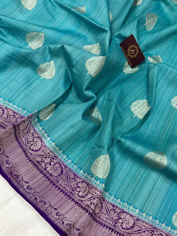 Blue Banarasi Handloom Pure Tussar Silk Saree - Aura Benaras