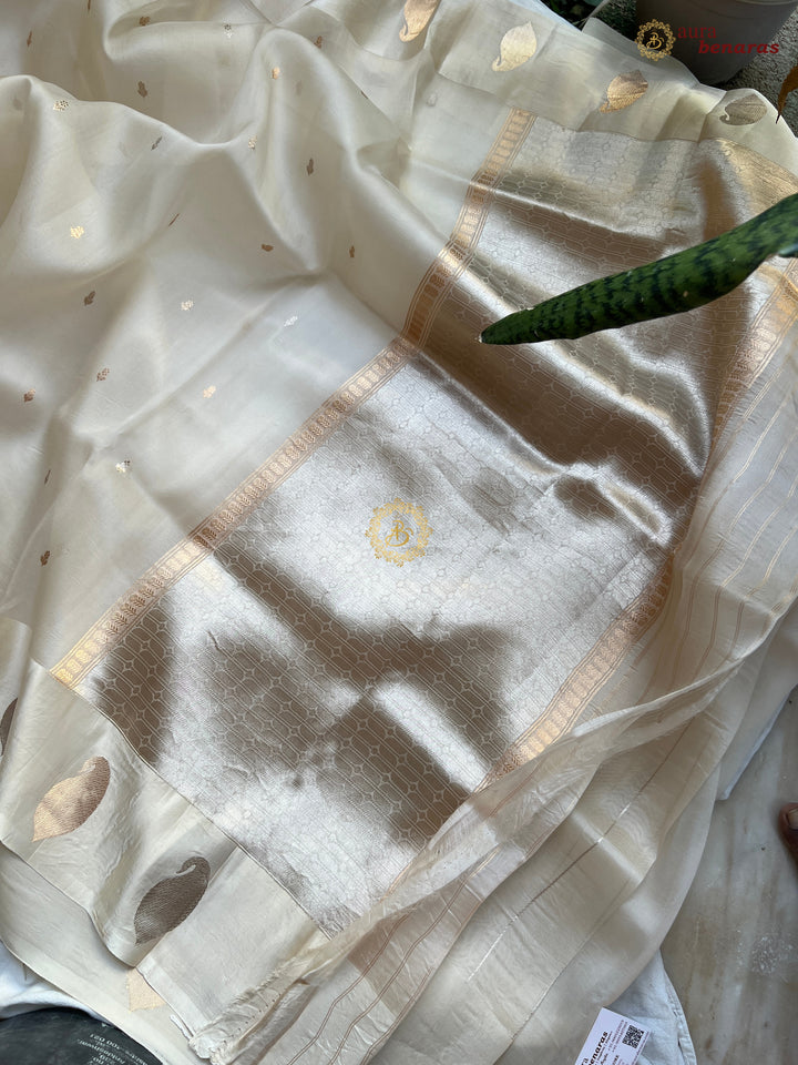 Off White Kora Silk Banarasi Saree with Kadhwa Golden Zari Motif