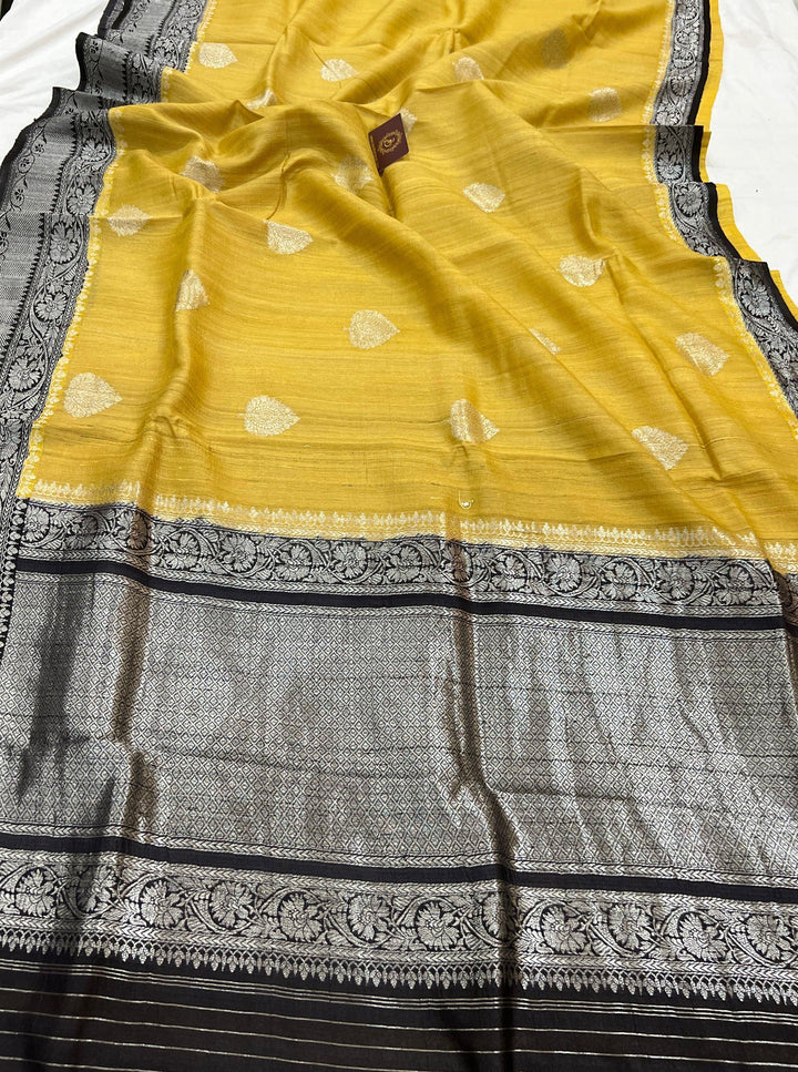 Yellow Banarasi Handloom Pure Tussar Silk Saree - Aura Benaras