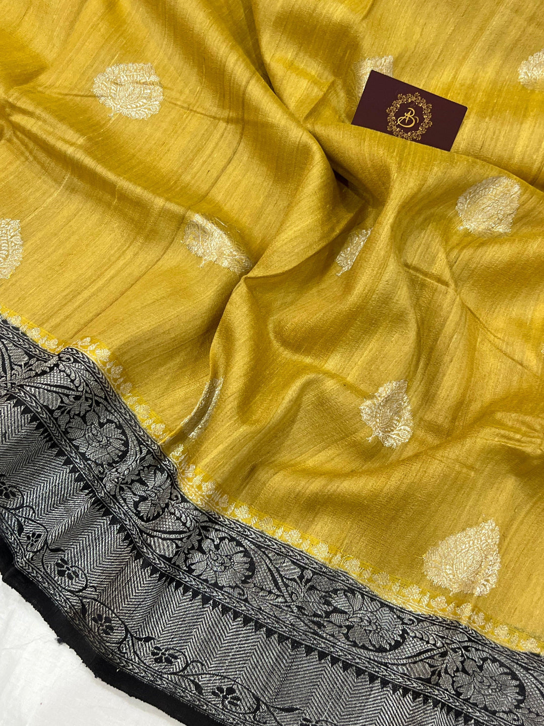 Yellow Banarasi Handloom Pure Tussar Silk Saree - Aura Benaras