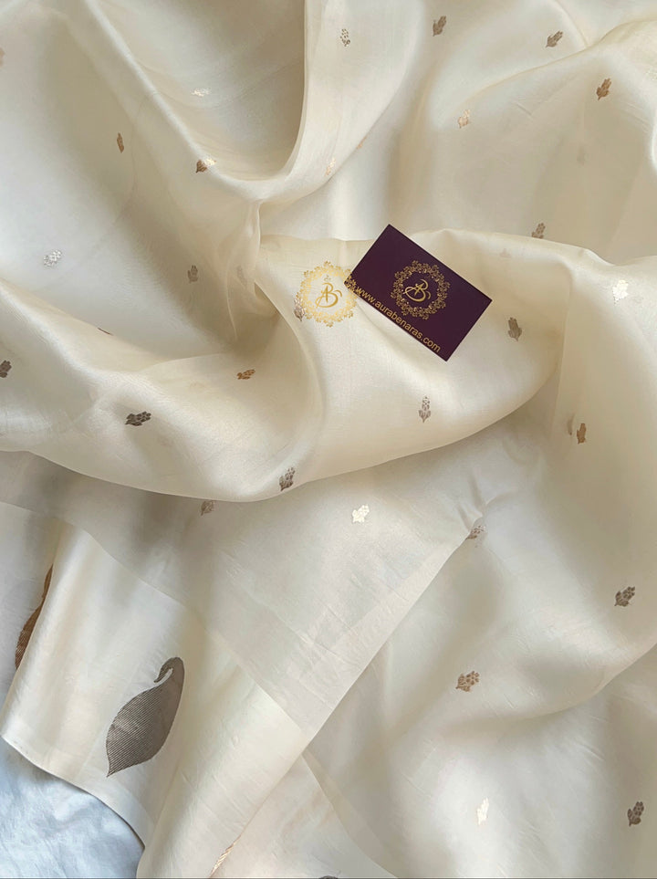 Off White Kora Silk Banarasi Saree with Kadhwa Golden Zari Motif
