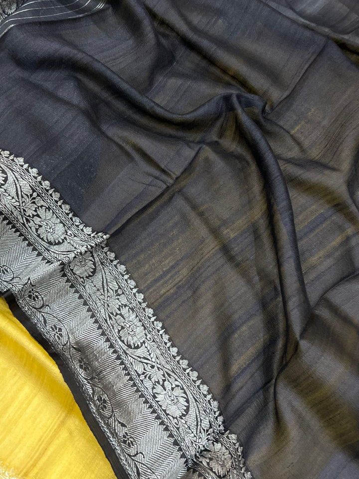Yellow Banarasi Handloom Pure Tussar Silk Saree - Aura Benaras