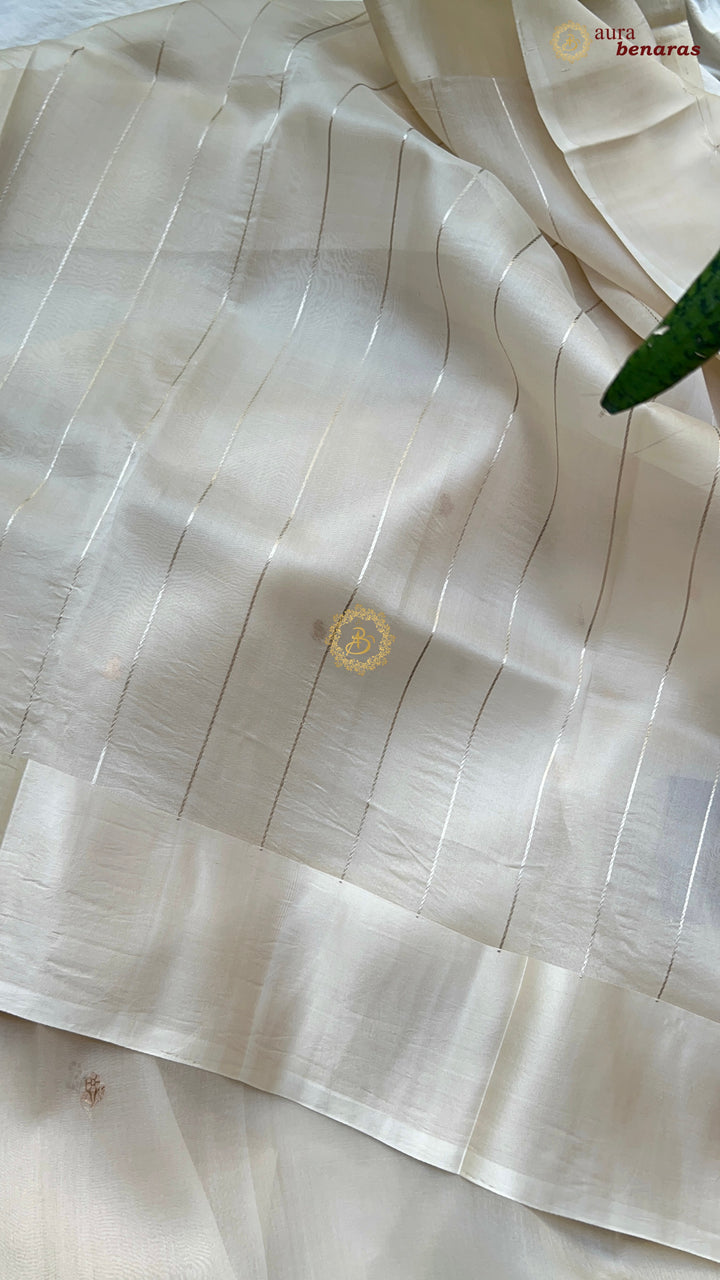 Off White Kora Silk Banarasi Saree with Kadhwa Golden Zari Motif