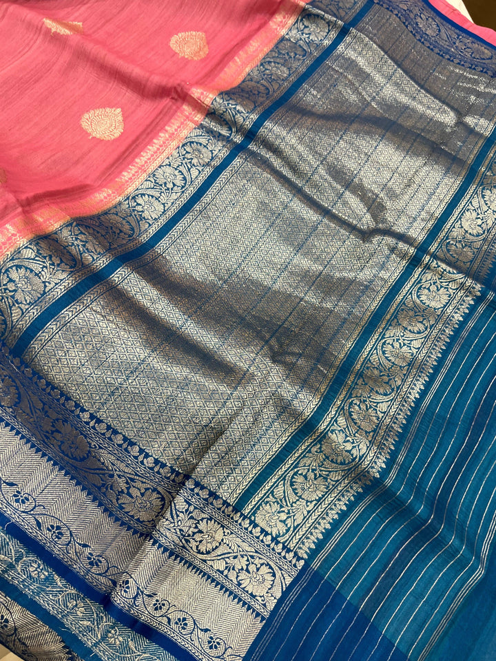 Pastel Pink Banarasi Handloom Pure Tussar Silk Saree - Aura Benaras