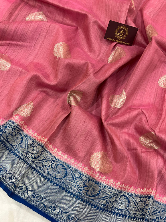 Pastel Pink Banarasi Handloom Pure Tussar Silk Saree - Aura Benaras