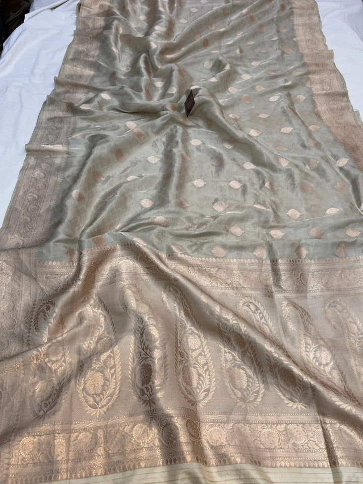 Cream Banarasi Tissue Silk Saree with Tanchui & Zari Work