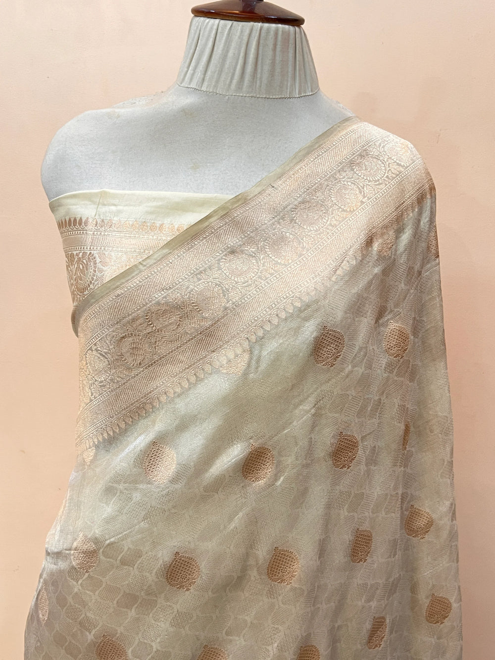 Cream Banarasi Tissue Silk Saree with Tanchui & Zari Work