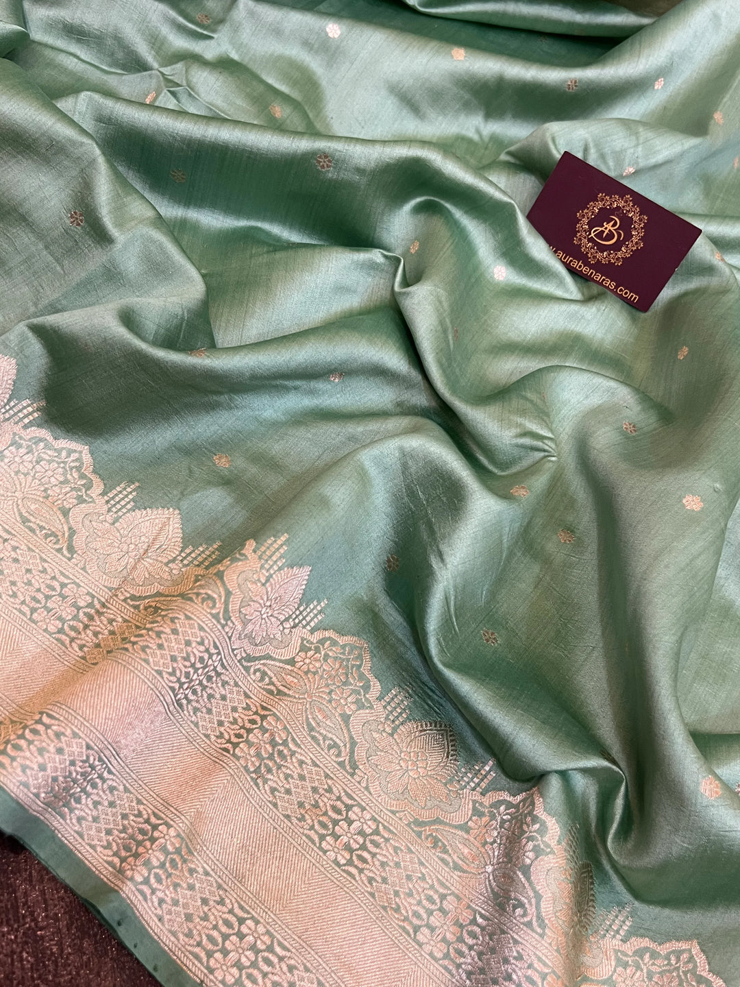 Sage Green Banarasi Chiniya silk saree with kadhwa butis