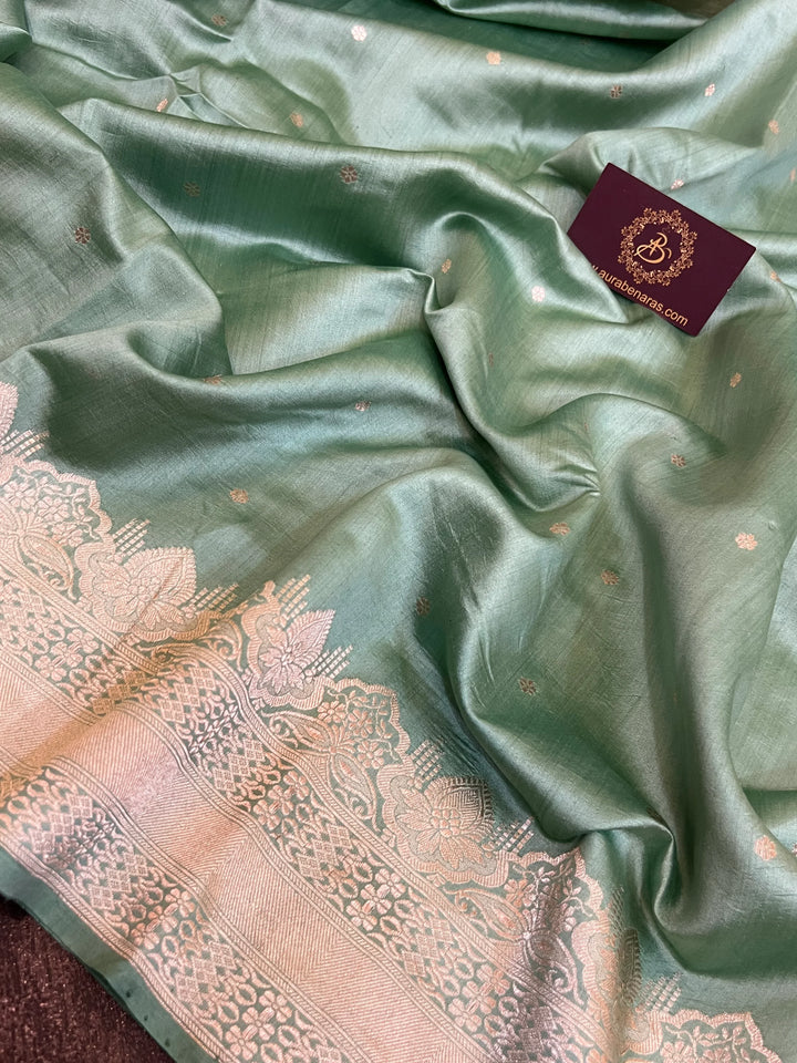 Sage Green Banarasi Chiniya silk saree with kadhwa butis