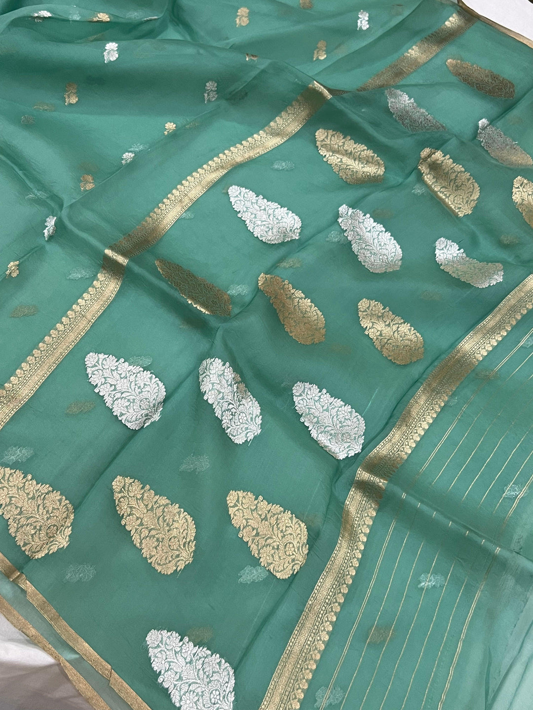 Sea Green Banarasi Handloom Kora Silk Saree - Aura Benaras