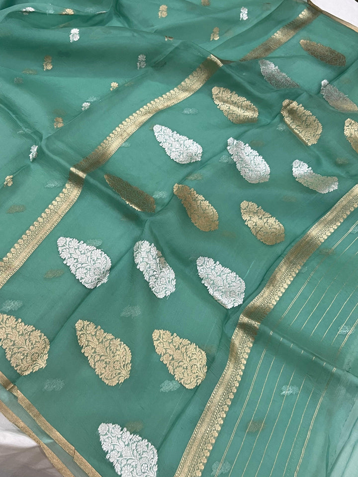 Sea Green Banarasi Handloom Kora Silk Saree - Aura Benaras
