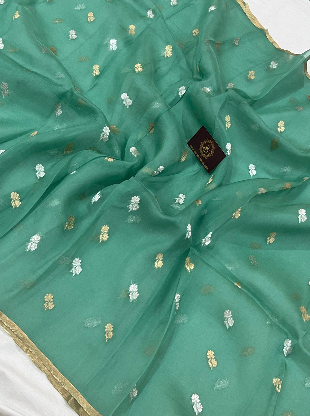 Sea Green Banarasi Handloom Kora Silk Saree - Aura Benaras