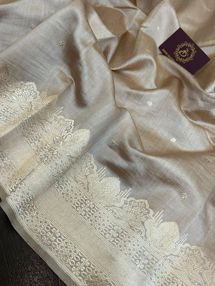 Beige Chiniya silk Banarasi saree with kadhwa butis