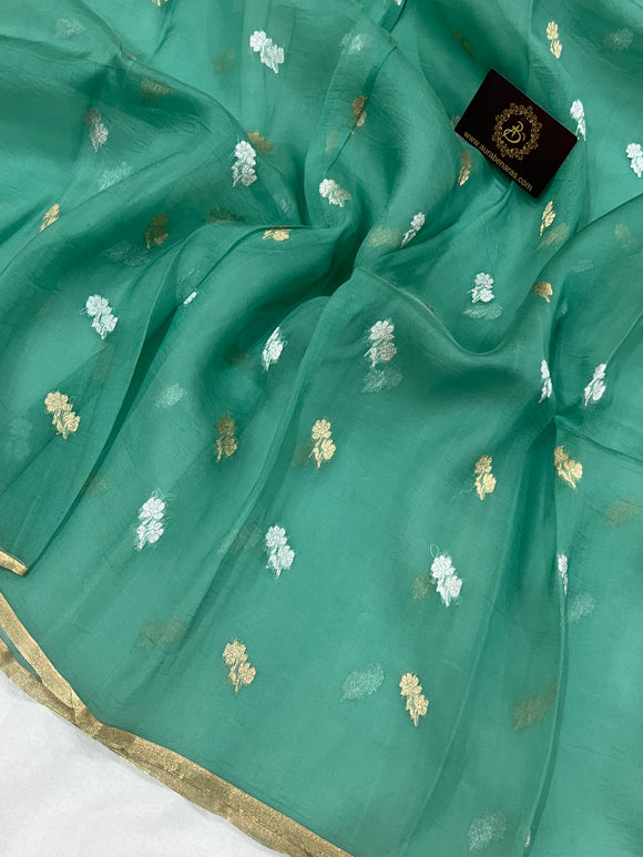 Sea Green Banarasi Handloom Kora Silk Saree - Aura Benaras