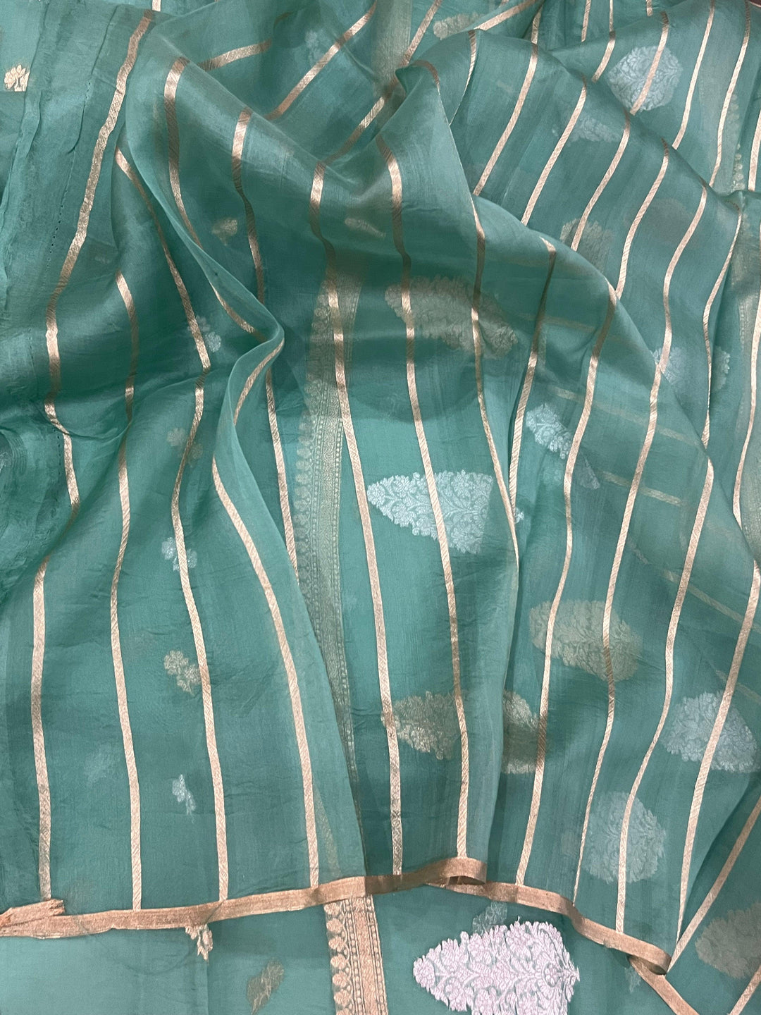 Sea Green Banarasi Handloom Kora Silk Saree - Aura Benaras