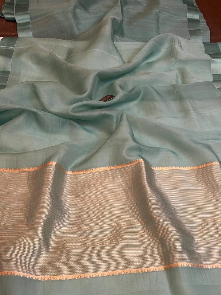 Sage Blue Pure Kora Silk Handloom Banarasi Saree