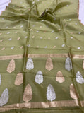 Mehendi Green Banarasi Handloom Kora Silk Saree - Aura Benaras