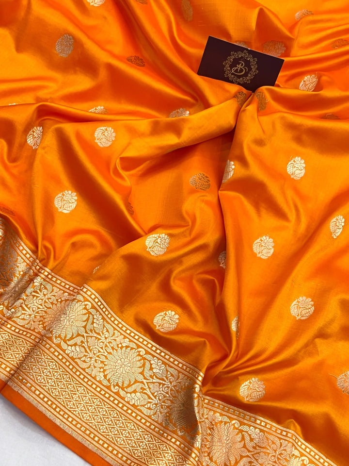 Orange Pure Katan Silk Banarasi Saree with Zari Butis 
