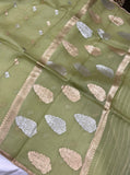 Mehendi Green Banarasi Handloom Kora Silk Saree - Aura Benaras