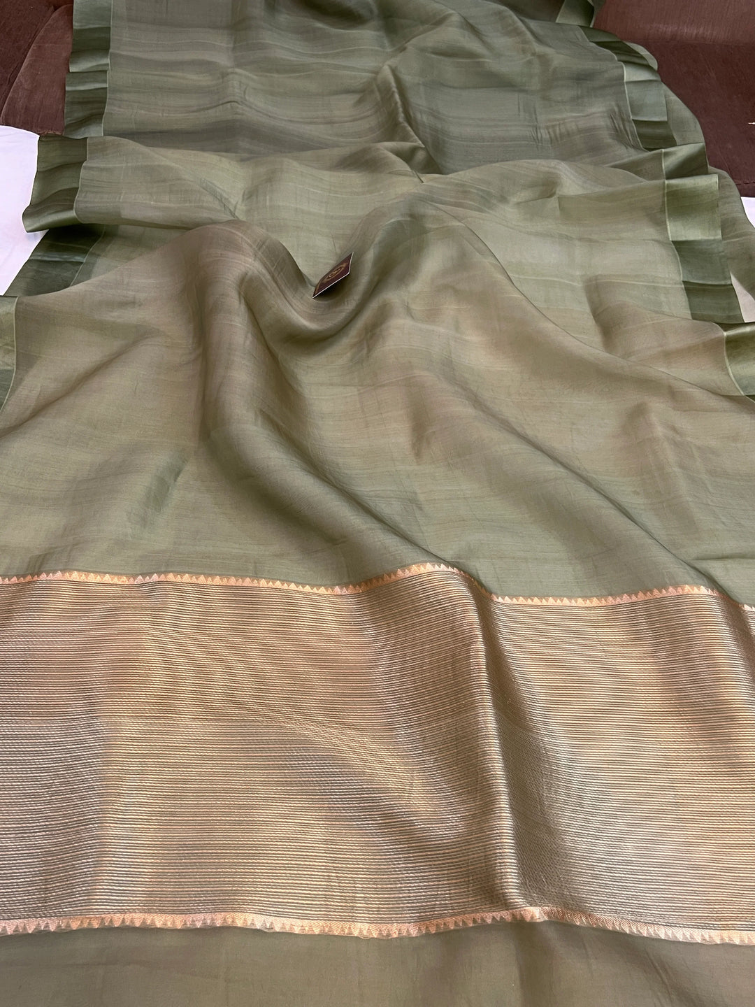 Olive Green Pure Kora Silk Handloom Banarasi Saree