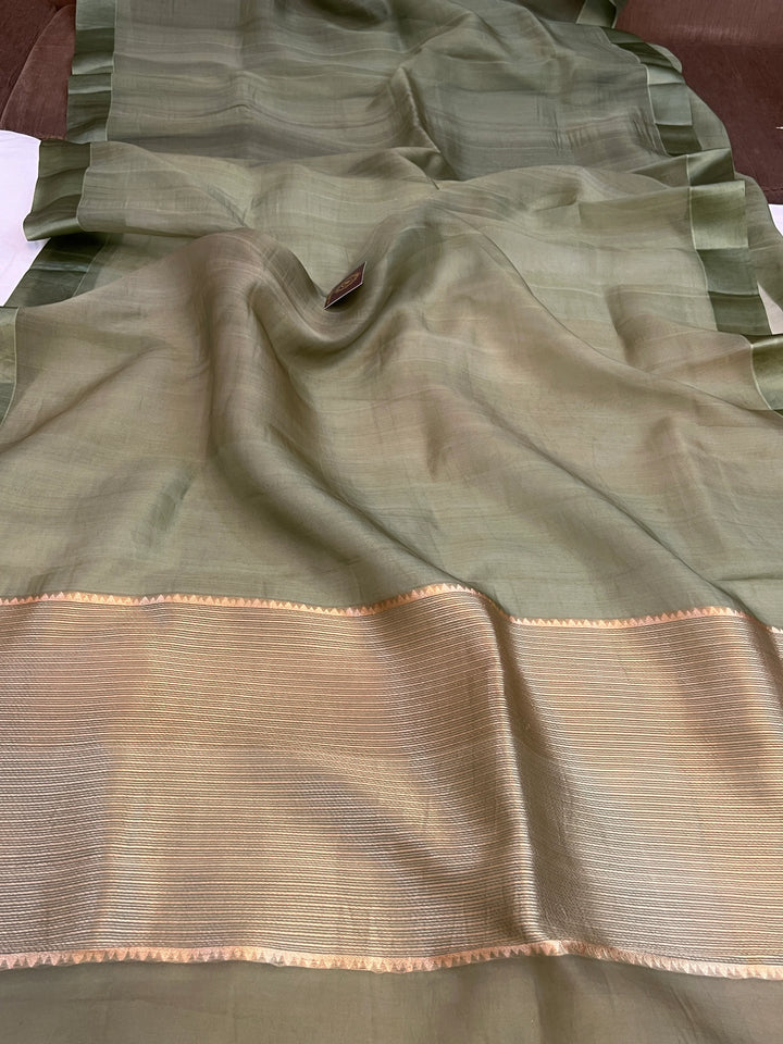 Olive Green Pure Kora Silk Handloom Banarasi Saree
