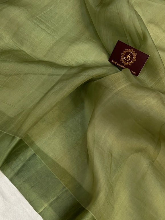 Olive Green Pure Kora Silk Handloom Banarasi Saree