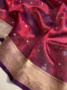 Maroon Banarasi Handloom Organza Tissue Silk Saree - Aura Benaras