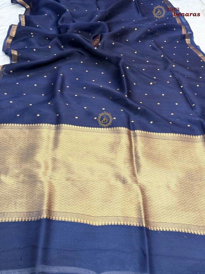 Navy Blue Kora Silk Banarasi Saree with Zari Butis 