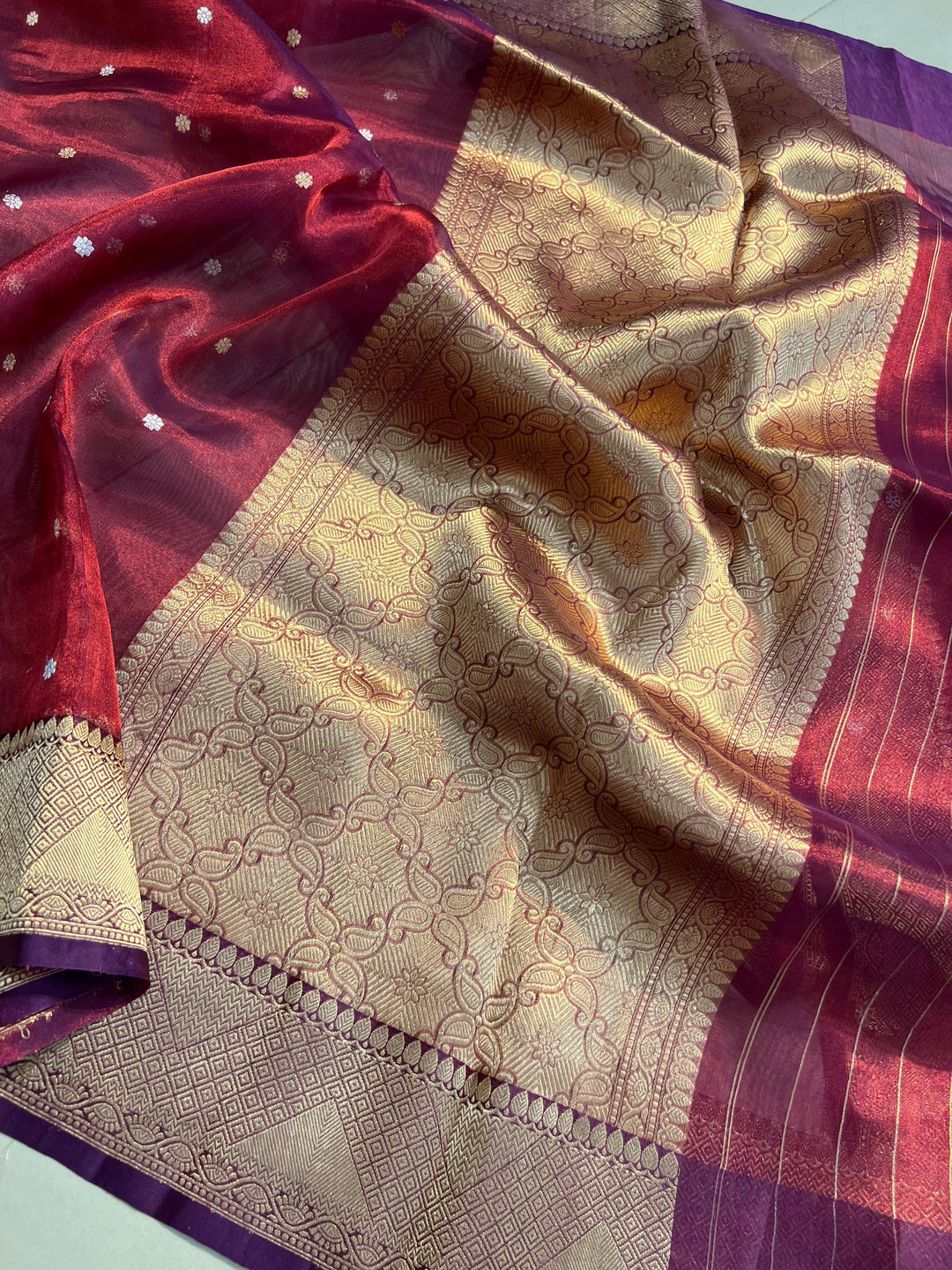 Maroon Banarasi Handloom Organza Tissue Silk Saree - Aura Benaras