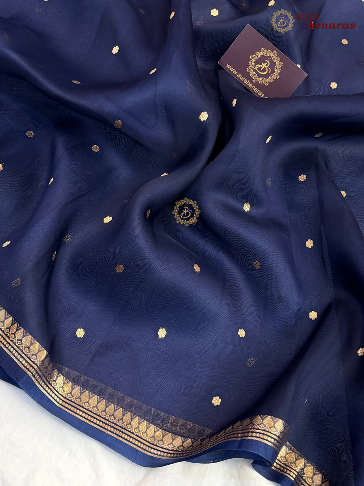 Navy Blue Kora Silk Banarasi Saree with Zari Butis 