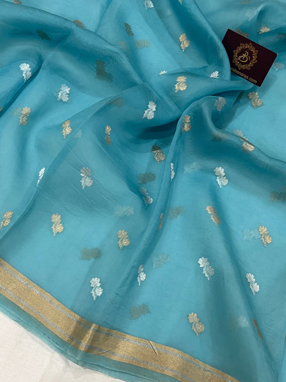 Blue Banarasi Handloom Kora Silk Saree - Aura Benaras