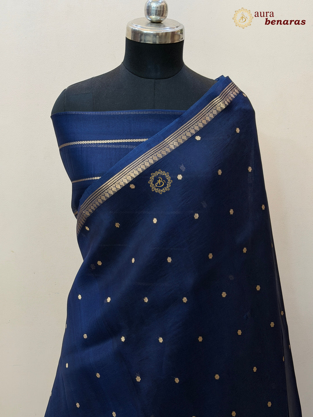 Navy Blue Kora Silk Banarasi Saree with Zari Butis 