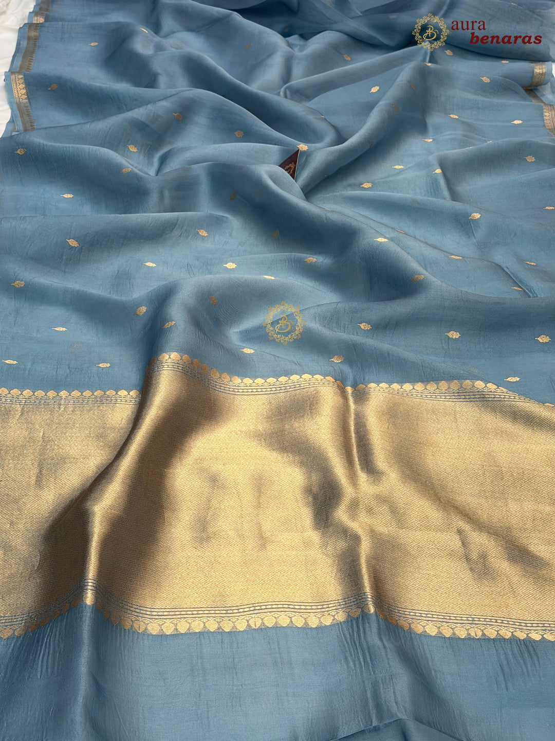 Sage Blue Kora Silk Banarasi Saree with Zari Butis & Border