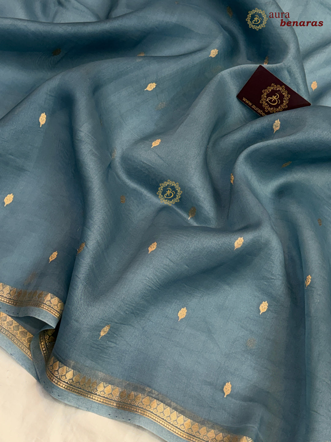 Sage Blue Kora Silk Banarasi Saree with Zari Butis & Border