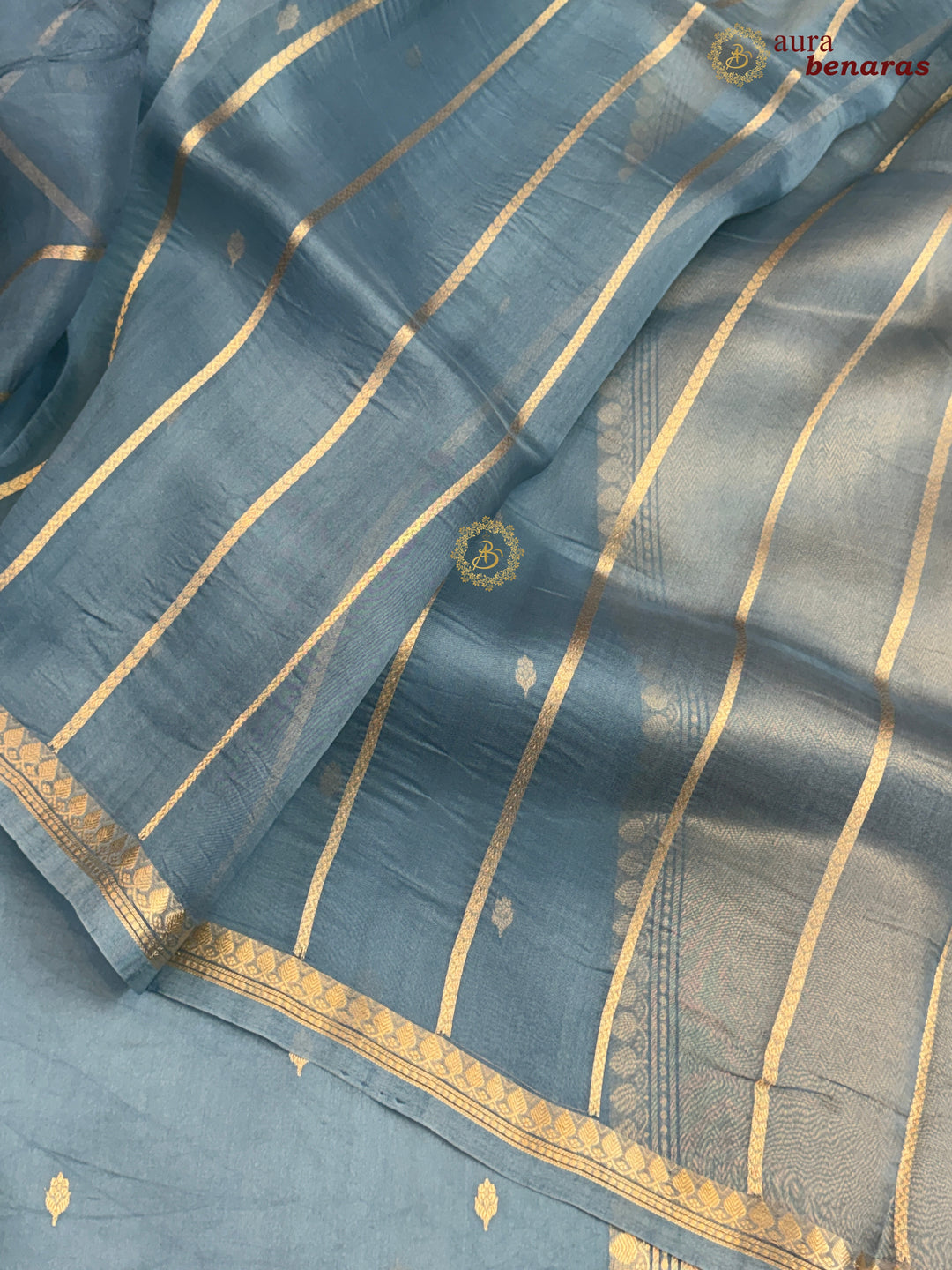 Sage Blue Kora Silk Banarasi Saree with Zari Butis & Border