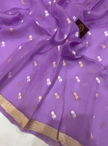 Lavender Banarasi Handloom Kora Silk Saree - Aura Benaras