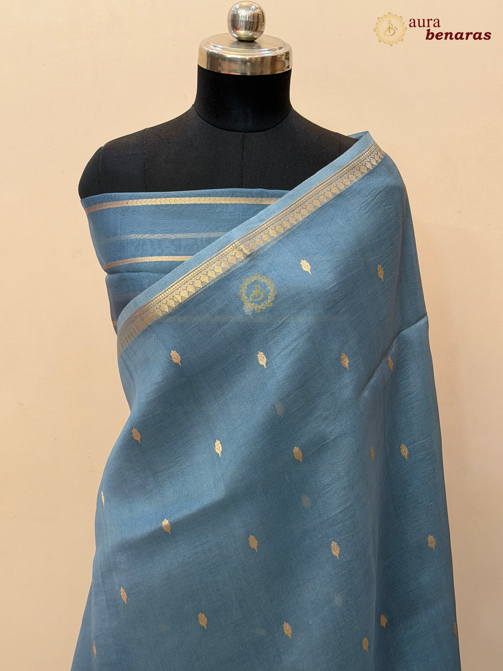 Sage Blue Kora Silk Banarasi Saree with Zari Butis & Border