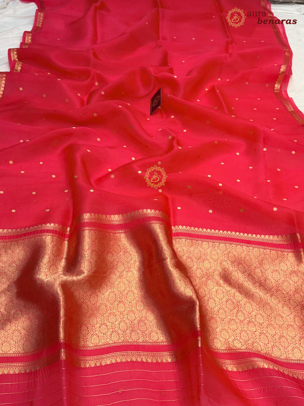 Crimsom Red Kora Silk Banarasi Saree with Zari Butis 