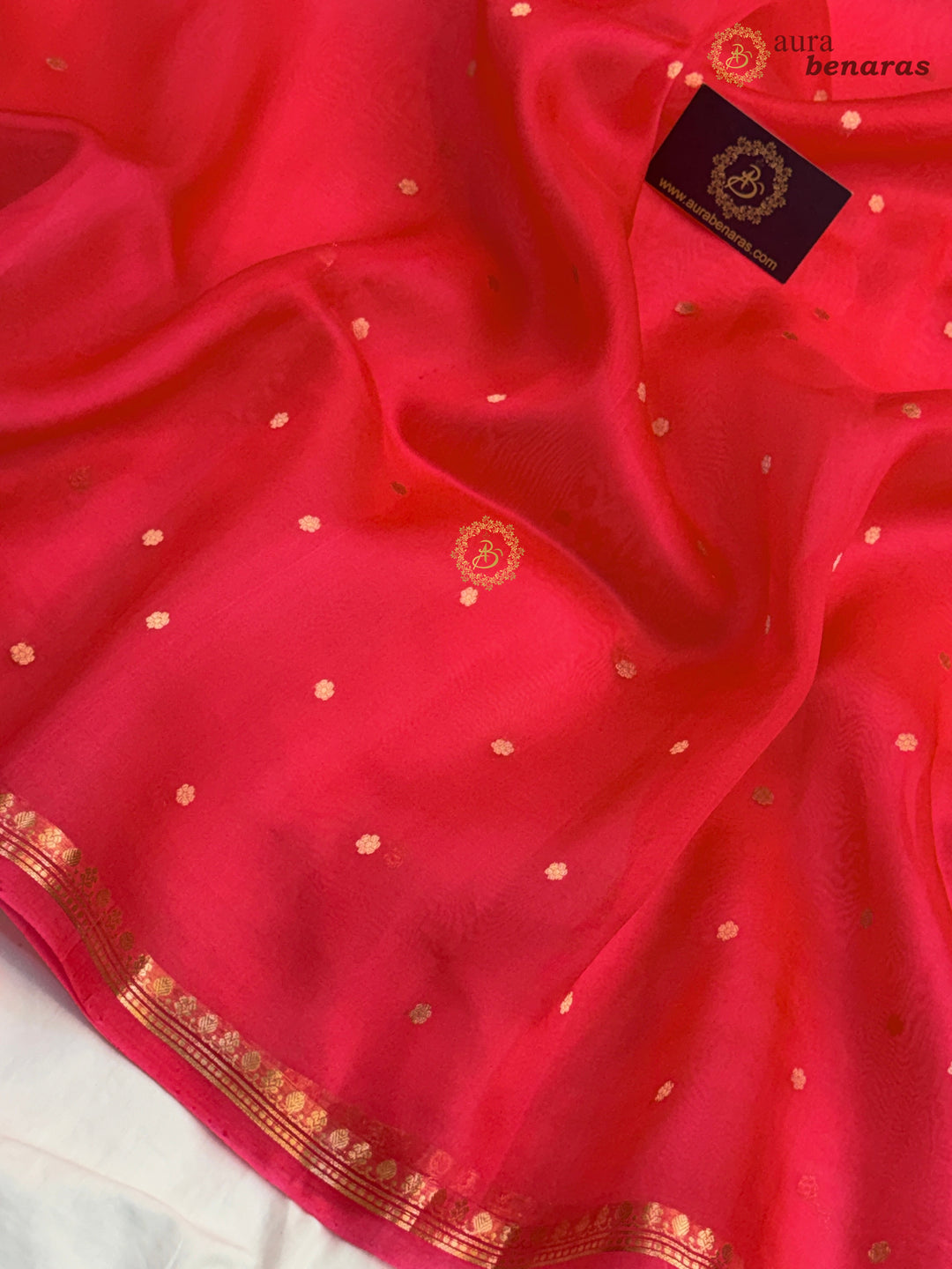 Crimsom Red Kora Silk Banarasi Saree with Zari Butis 