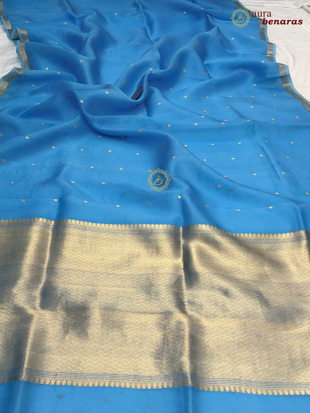 Firozi Blue Kora Silk Banarasi Saree with Zari Butis 
