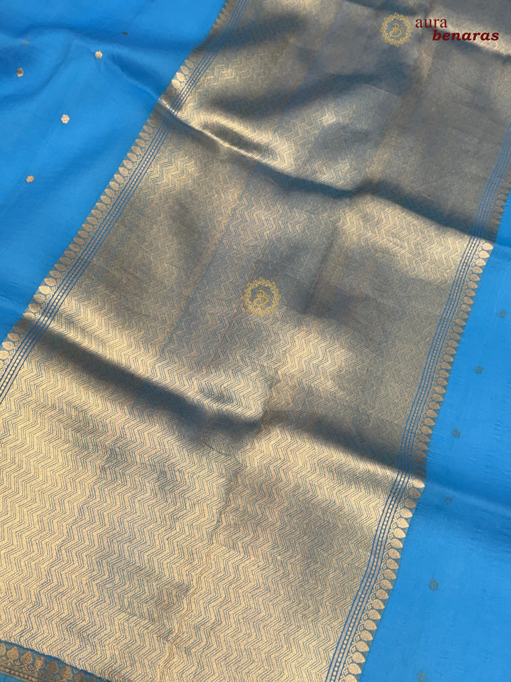 Firozi Blue Kora Silk Banarasi Saree with Zari Butis 