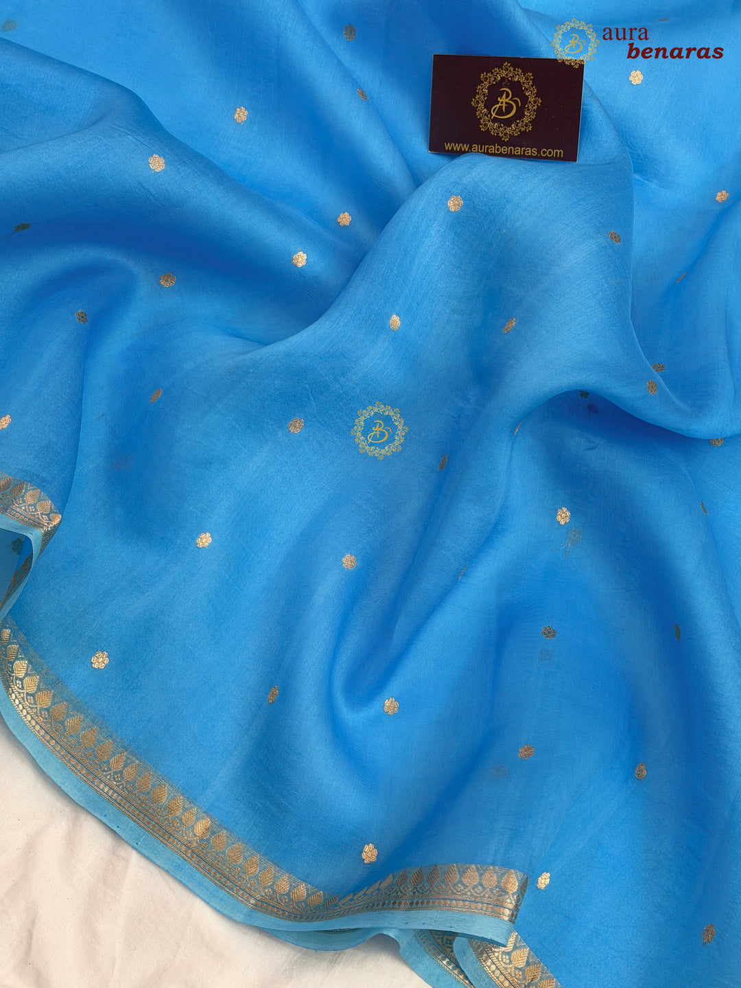 Firozi Blue Kora Silk Banarasi Saree with Zari Butis 